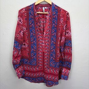 Kut from the Kloth Womens Boho Indie Floral Blouse Large Red Slit Sleeve